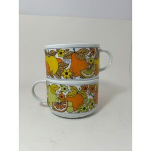 Vintage Japan Stackable Soup Mugs Retro 70s Fruit Floral Psychedelic Set of 2